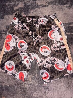 Urban Outfitters Black Floral Graphic Drawstring Shorts with Tan Panels